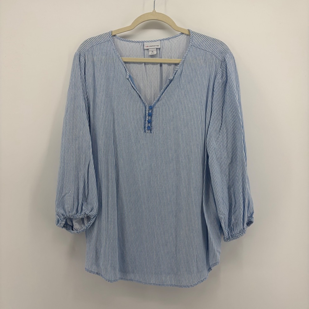 Liz Claiborne Womens XL Blue Striped Rayon Blouse 3/4 Sleeve Split Neck Top